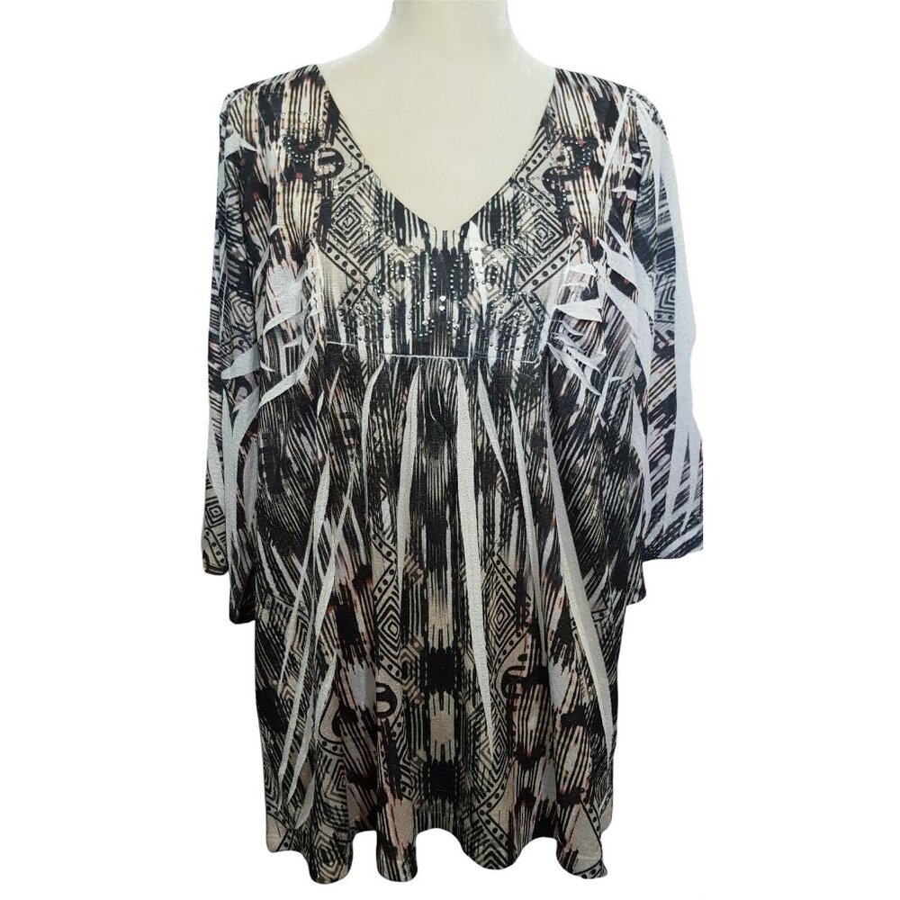 Energe World Wear Tunic Womens 1X Geometric Abstract Black White‎ Rhinestone Top